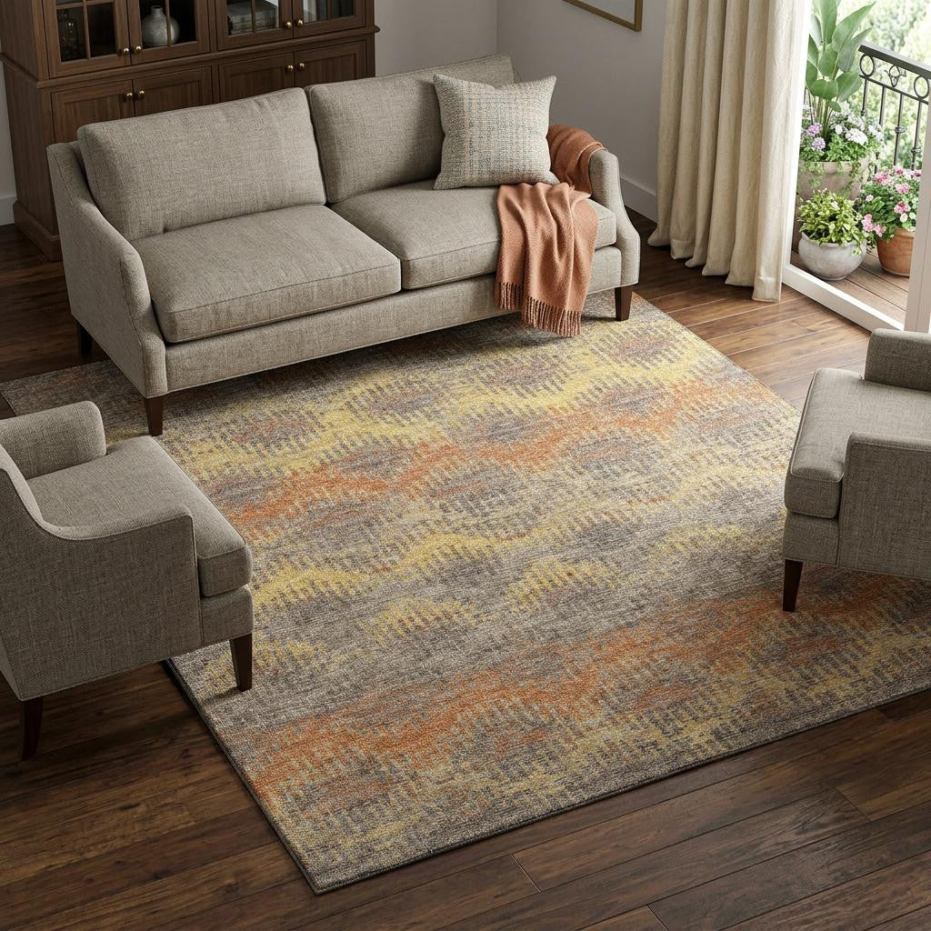 10 X 14 Burnt Sienna Gold And Gray Chevron Distressed Washable Area Rug With UV Protection