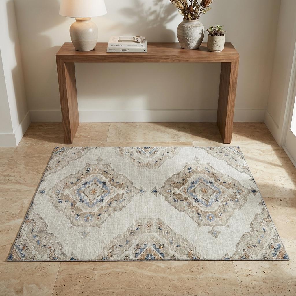 3 X 5 Linen Ivory And Blue Tribal Distressed Washable Area Rug With UV Protection