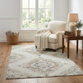 5 X 8 Linen Ivory And Blue Tribal Distressed Washable Area Rug With UV Protection