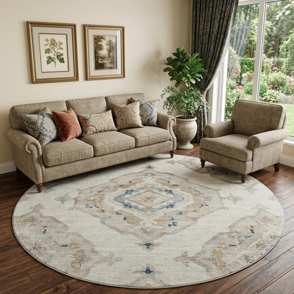 8 Linen Ivory And Blue Tribal Distressed Washable Round Rug With UV Protection