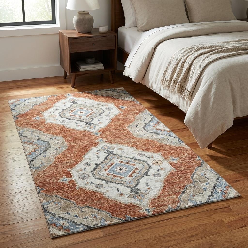 3 X 5 Terra Cotta Ivory And Blue Tribal Distressed Washable Area Rug With UV Protection