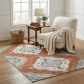 5 X 8 Terra Cotta Ivory And Blue Tribal Distressed Washable Area Rug With UV Protection