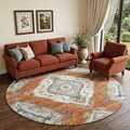 8 Terra Cotta Ivory And Blue Tribal Distressed Washable Round Rug With UV Protection