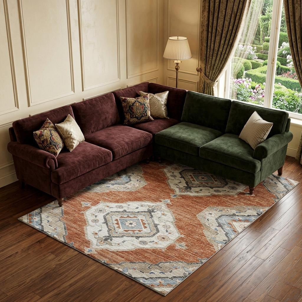 8 X 10 Terra Cotta Ivory And Blue Tribal Distressed Washable Area Rug With UV Protection