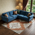 10 X 14 Terra Cotta Ivory And Blue Tribal Distressed Washable Area Rug With UV Protection