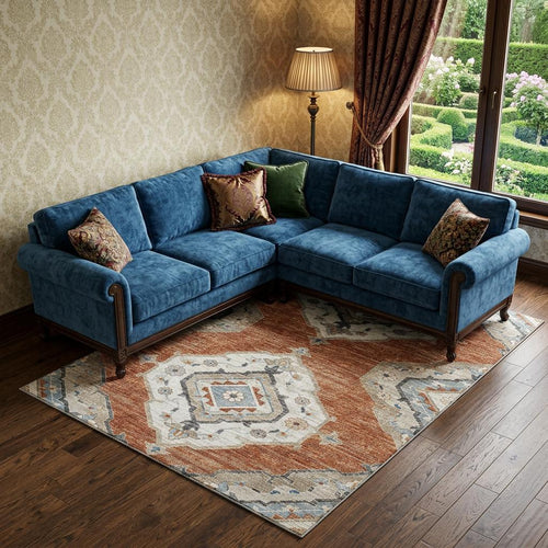 10 X 14 Terra Cotta Ivory And Blue Tribal Distressed Washable Area Rug With UV Protection