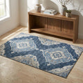 3 X 5 Blue And Ivory Tribal Distressed Washable Area Rug With UV Protection