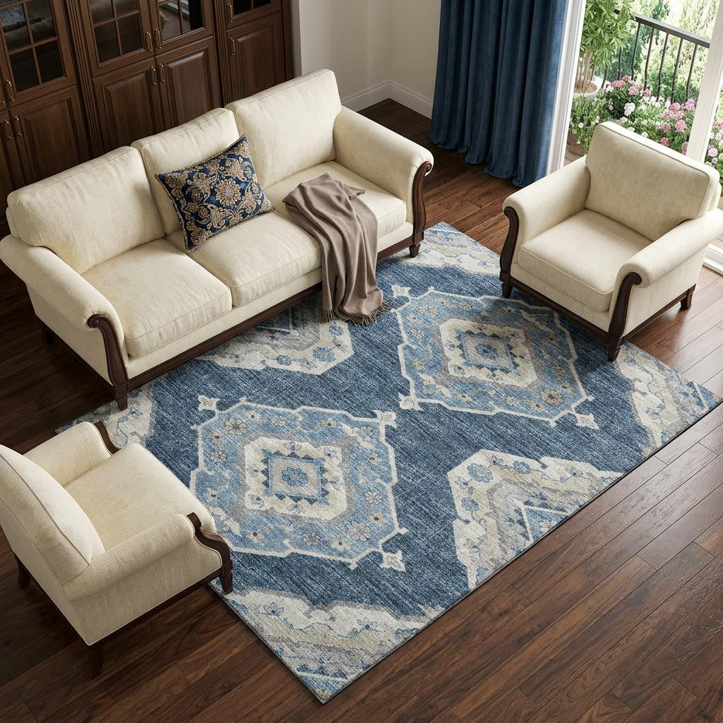8 X 10 Blue And Ivory Tribal Distressed Washable Area Rug With UV Protection
