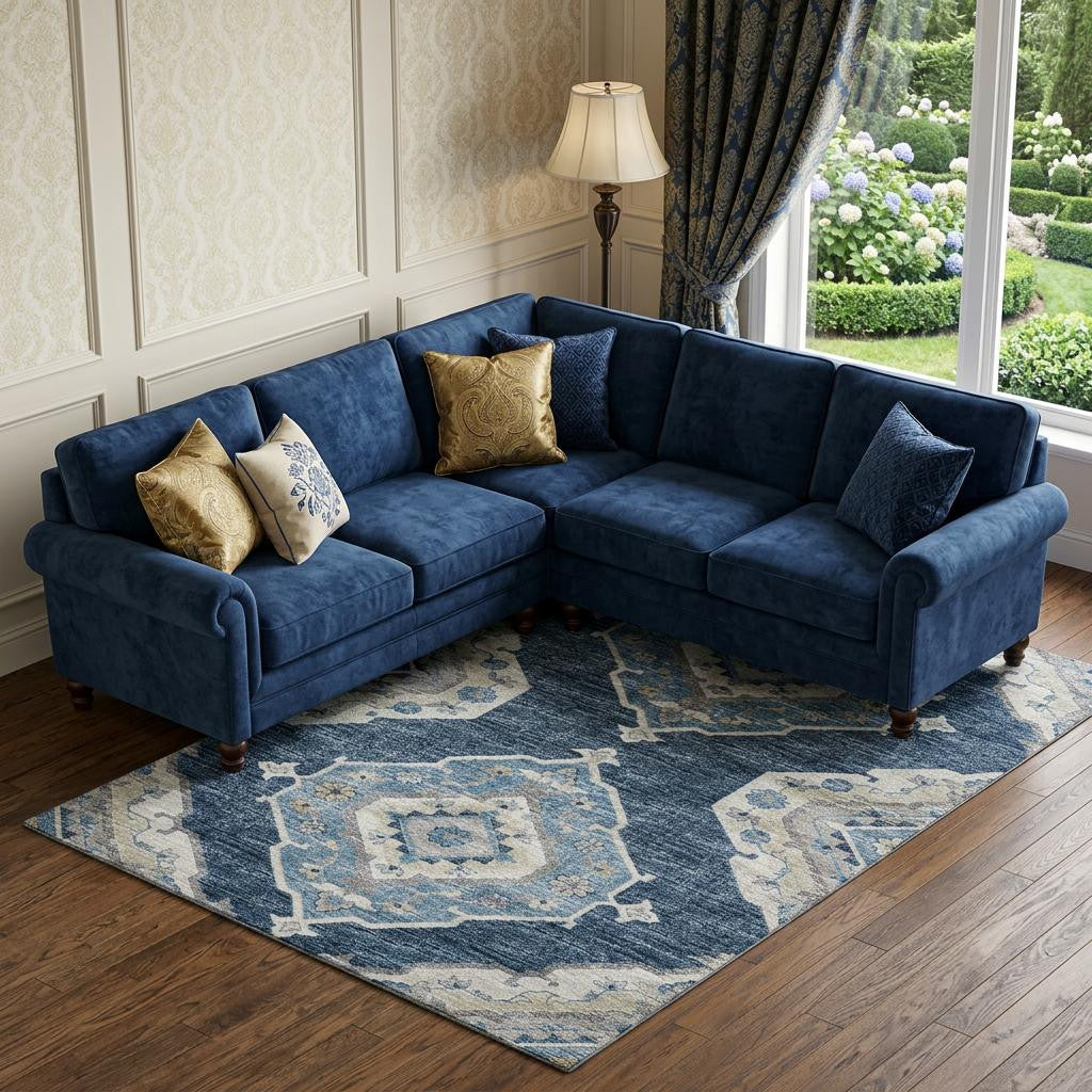 10 X 14 Blue And Ivory Tribal Distressed Washable Area Rug With UV Protection