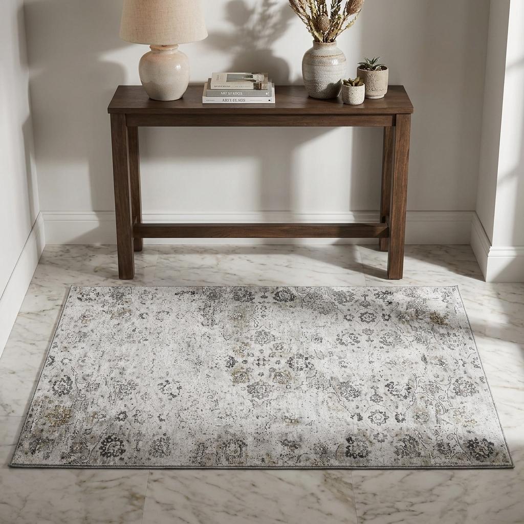 3 X 5 Light Gray And Charcoal Floral Medallion Distressed Washable Area Rug With UV Protection
