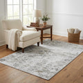 5 X 8 Light Gray And Charcoal Floral Medallion Distressed Washable Area Rug With UV Protection
