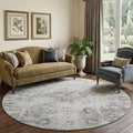 8 Light Gray And Charcoal Floral Medallion Distressed Washable Round Rug With UV Protection