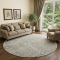 8 Stone And Coffee Floral Medallion Distressed Washable Round Rug With UV Protection