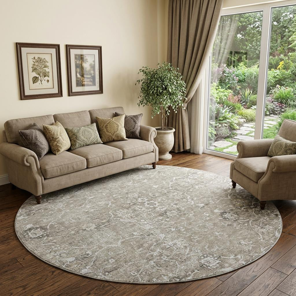 8 Stone And Coffee Floral Medallion Distressed Washable Round Rug With UV Protection