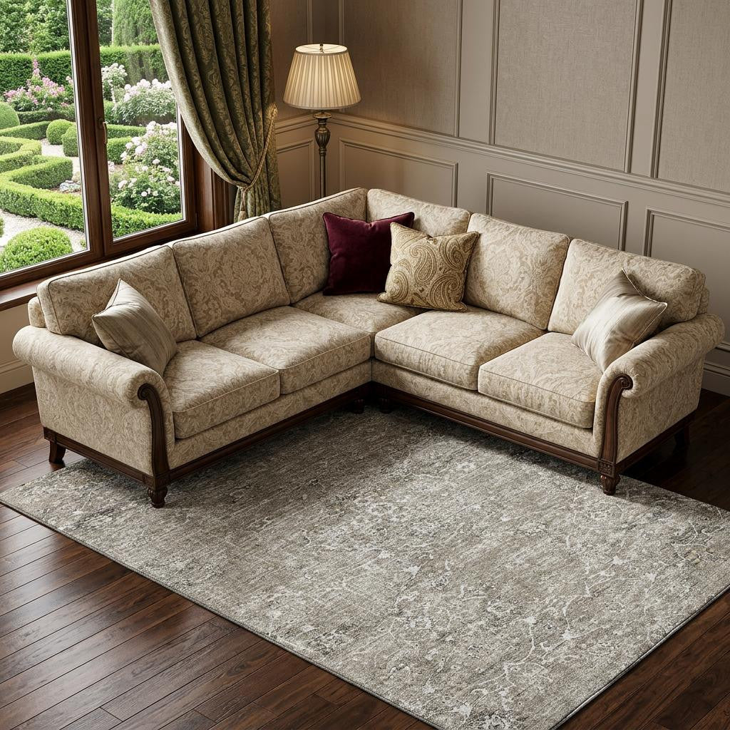 8 X 10 Stone And Coffee Floral Medallion Distressed Washable Area Rug With UV Protection