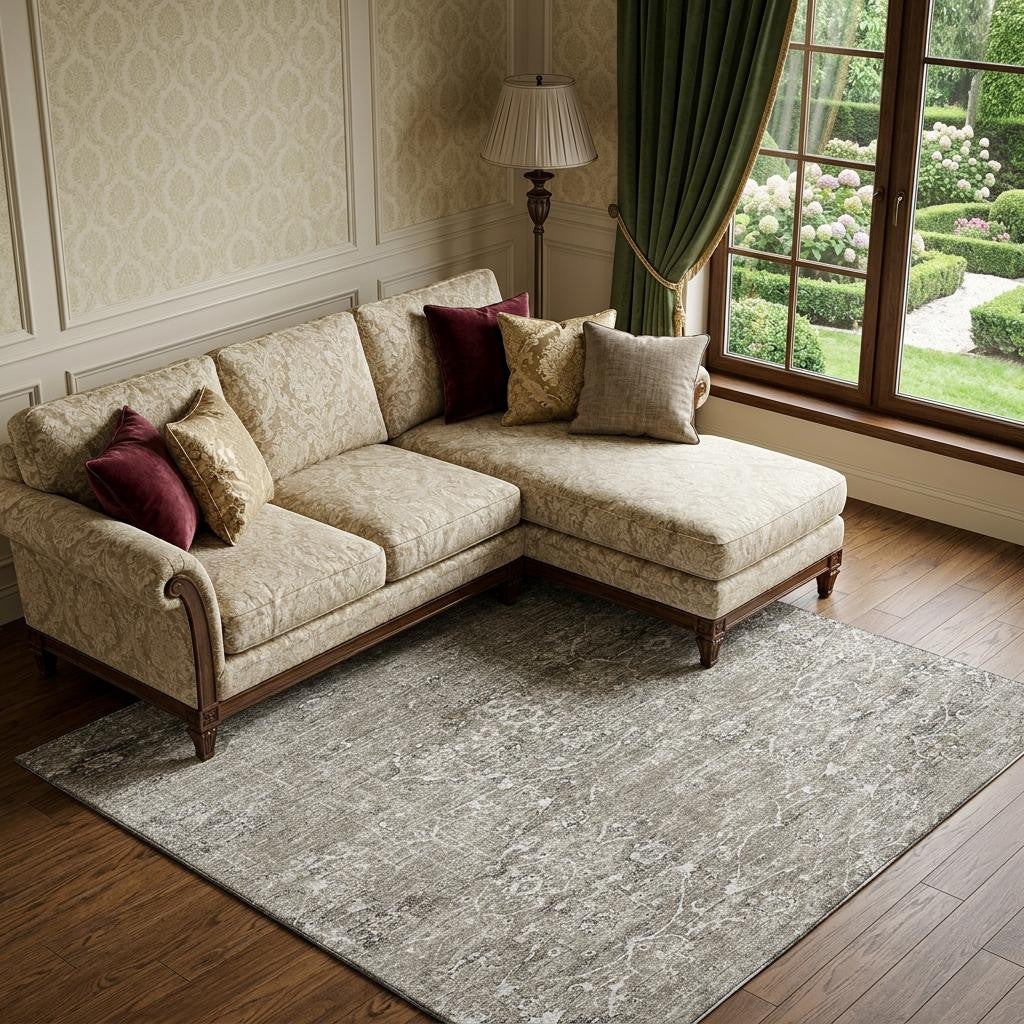 9 X 12 Stone And Coffee Floral Medallion Distressed Washable Area Rug With UV Protection