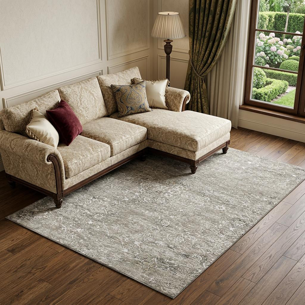 10 X 14 Stone And Coffee Floral Medallion Distressed Washable Area Rug With UV Protection