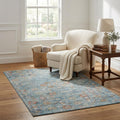 5 X 8 Blue Orange And Gold Floral Medallion Distressed Washable Area Rug With UV Protection