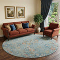 8 Blue Orange And Gold Floral Medallion Distressed Washable Round Rug With UV Protection