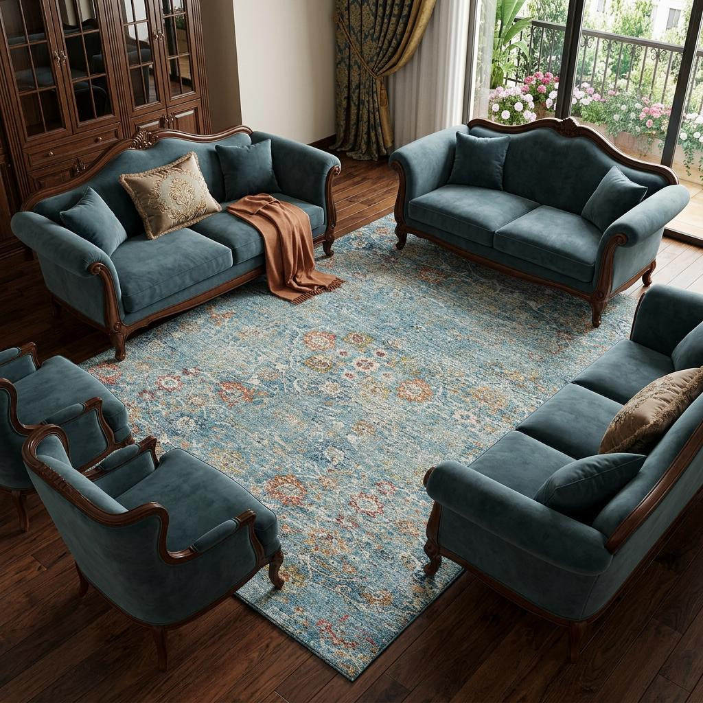 8 X 10 Blue Orange And Gold Floral Medallion Distressed Washable Area Rug With UV Protection
