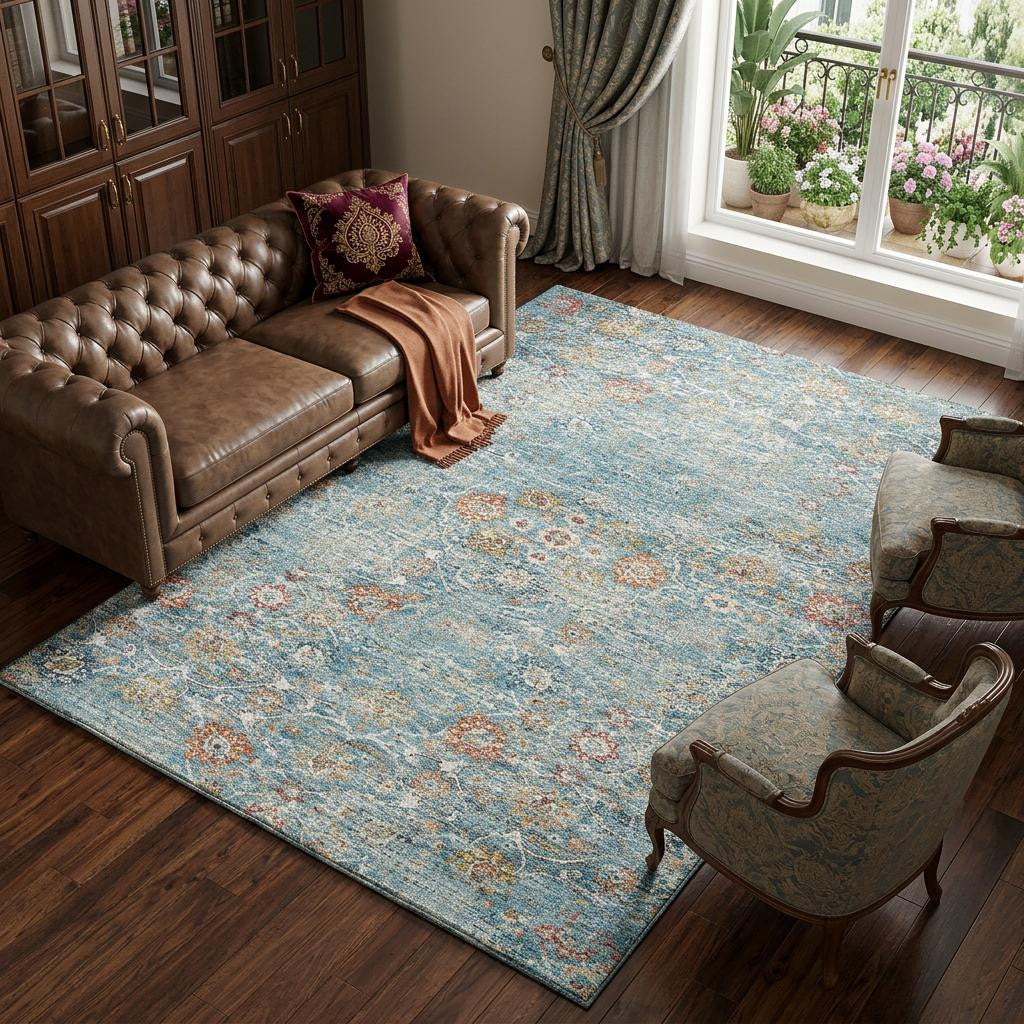 9 X 12 Blue Orange And Gold Floral Medallion Distressed Washable Area Rug With UV Protection