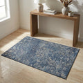 3 X 5 Blue And Gray Floral Medallion Distressed Washable Area Rug With UV Protection