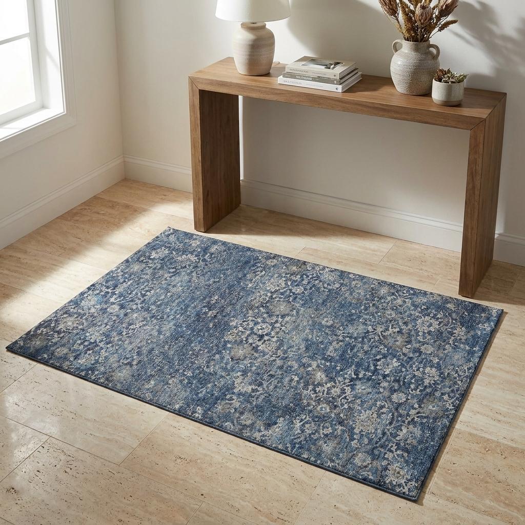 3 X 5 Blue And Gray Floral Medallion Distressed Washable Area Rug With UV Protection