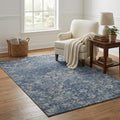5 X 8 Blue And Gray Floral Medallion Distressed Washable Area Rug With UV Protection