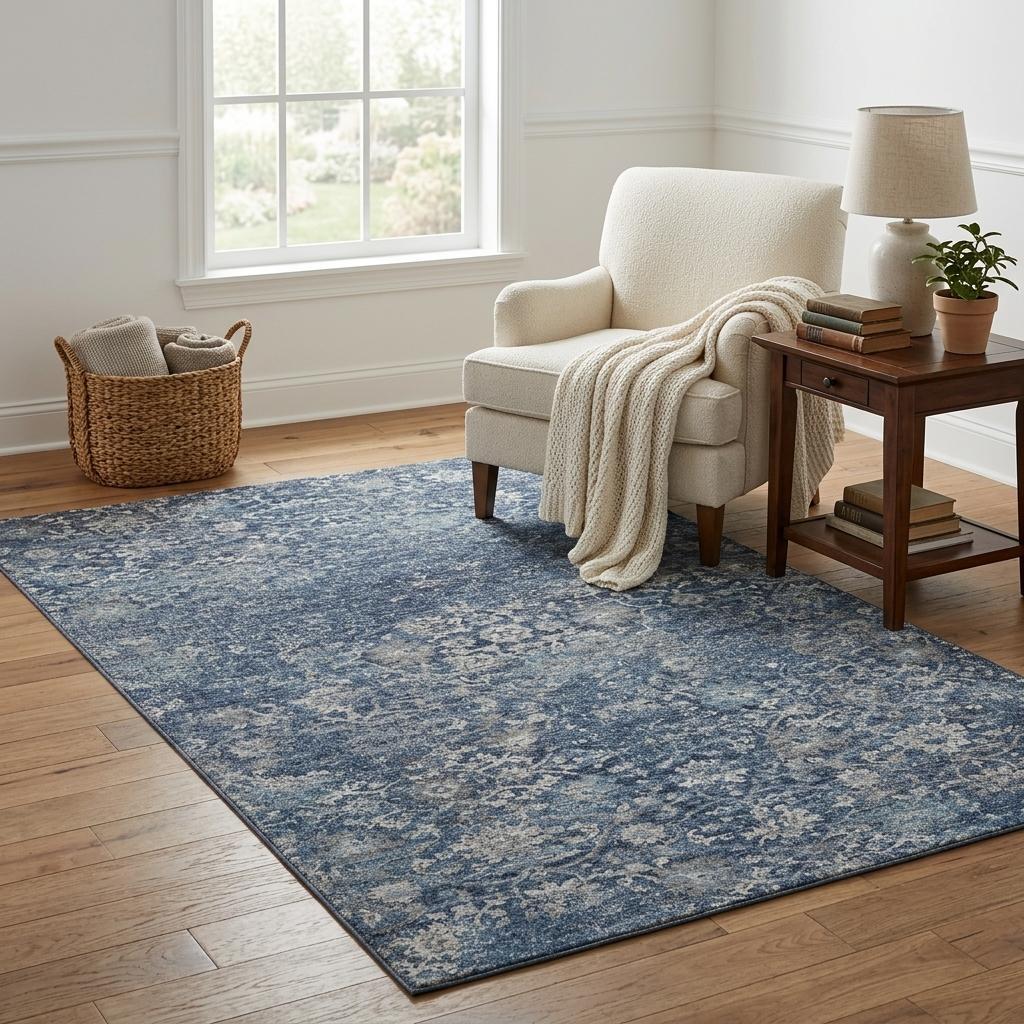 5 X 8 Blue And Gray Floral Medallion Distressed Washable Area Rug With UV Protection