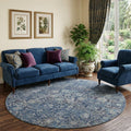 8 Blue And Gray Floral Medallion Distressed Washable Round Rug With UV Protection