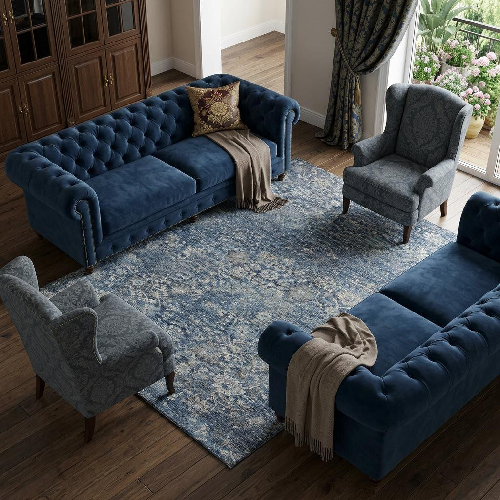 10 X 14 Blue And Gray Floral Medallion Distressed Washable Area Rug With UV Protection