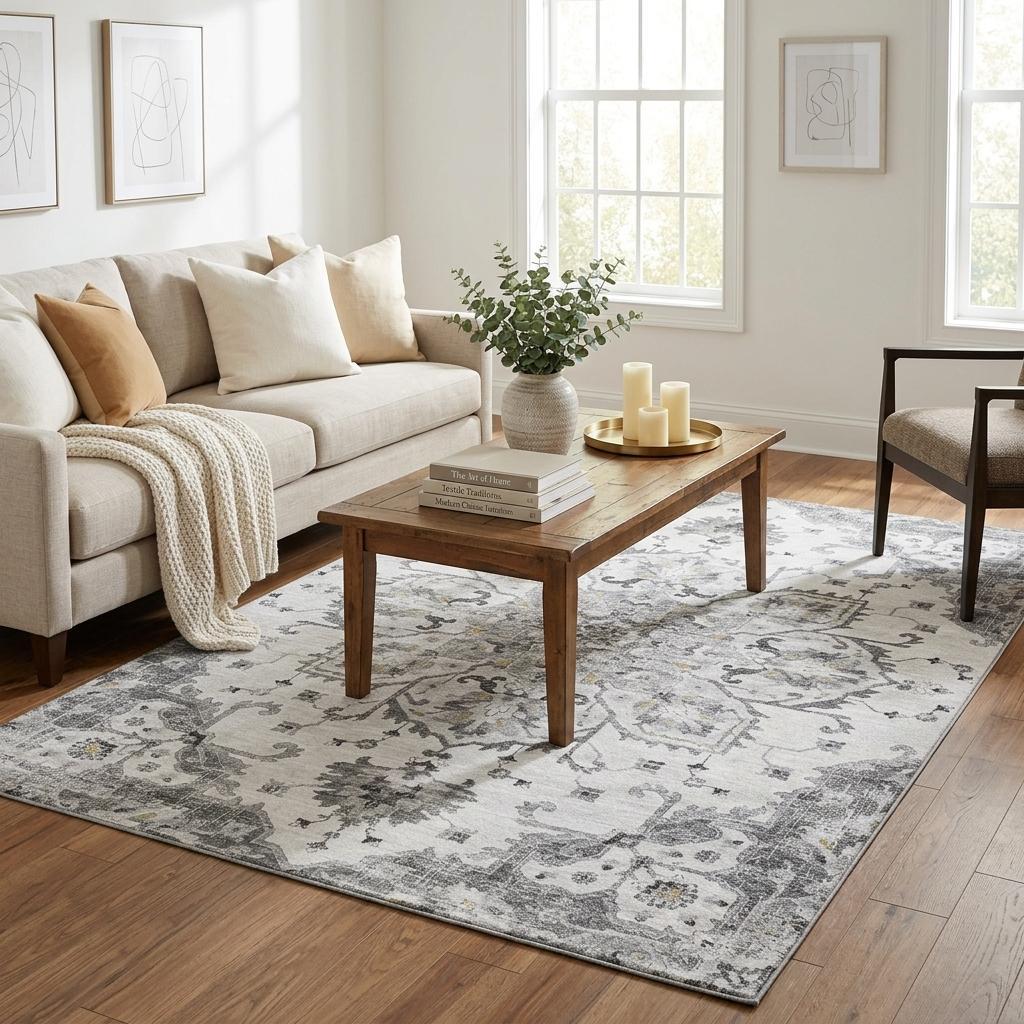 5 X 8 Light Gray Ivory And Gold Floral Medallion Distressed Washable Area Rug With UV Protection