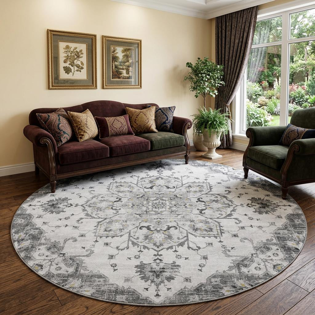 8 Light Gray Ivory And Gold Floral Medallion Distressed Washable Round Rug With UV Protection