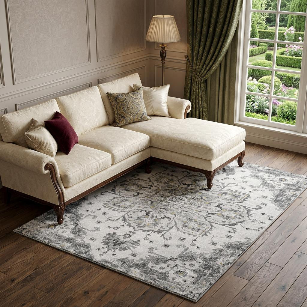 10 X 14 Light Gray Ivory And Gold Floral Medallion Distressed Washable Area Rug With UV Protection