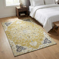 3 X 5 Gold Ivory And Blue Floral Medallion Distressed Washable Area Rug With UV Protection