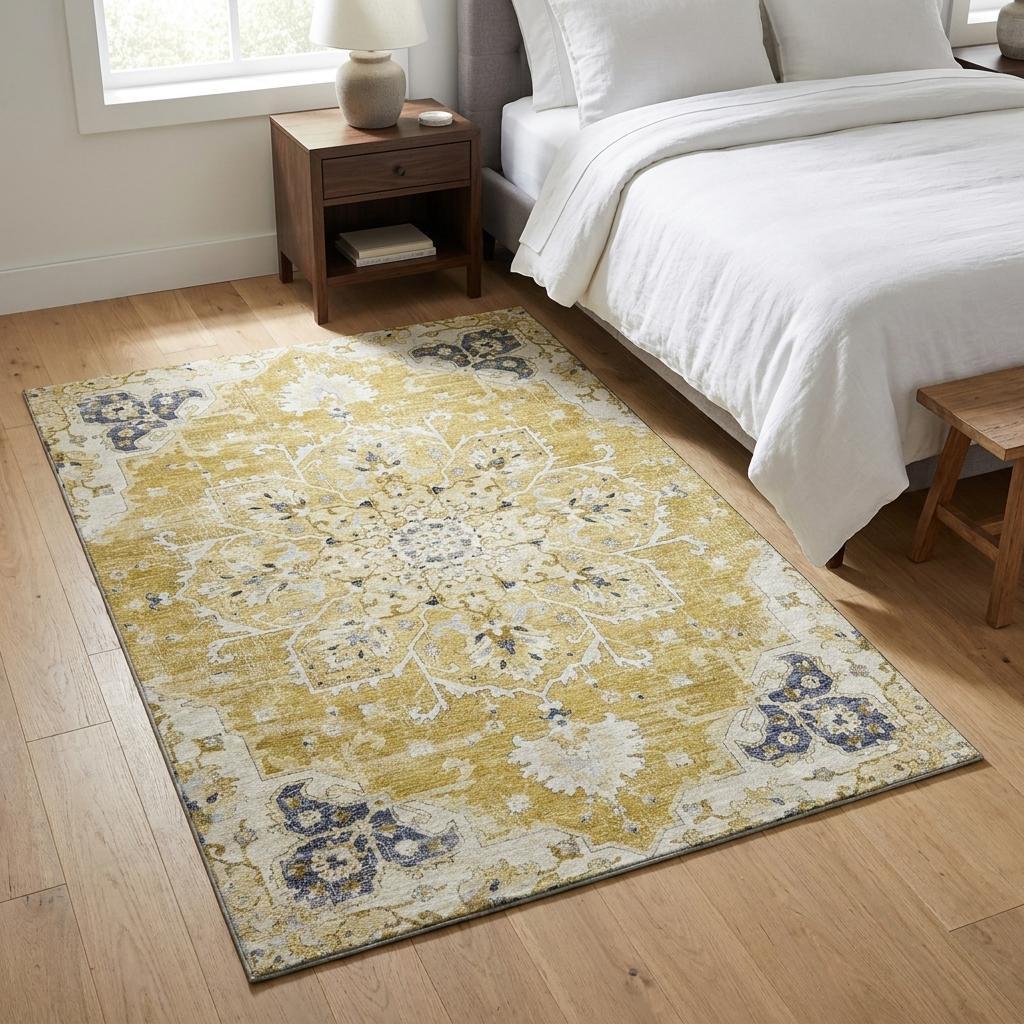 3 X 5 Gold Ivory And Blue Floral Medallion Distressed Washable Area Rug With UV Protection