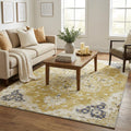 5 X 8 Gold Ivory And Blue Floral Medallion Distressed Washable Area Rug With UV Protection