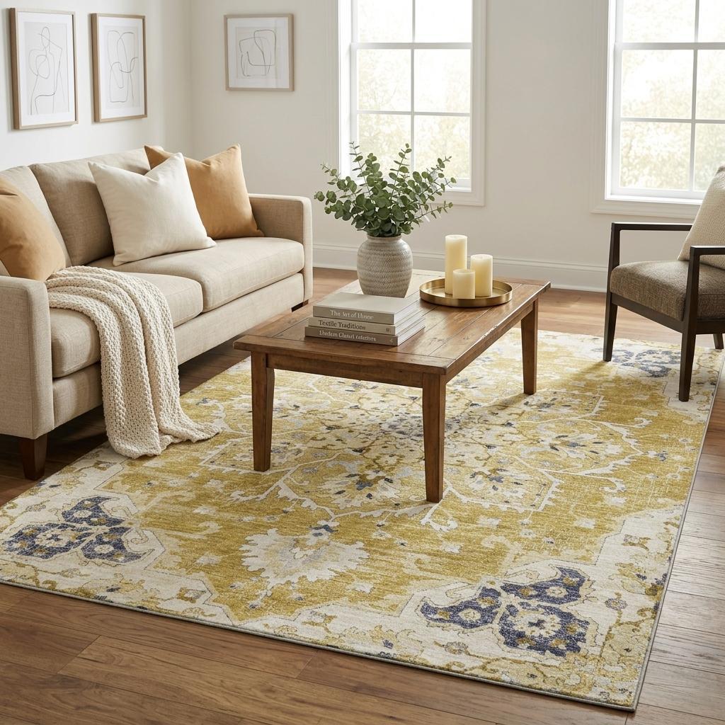 5 X 8 Gold Ivory And Blue Floral Medallion Distressed Washable Area Rug With UV Protection