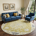 8 Gold Ivory And Blue Floral Medallion Distressed Washable Round Rug With UV Protection