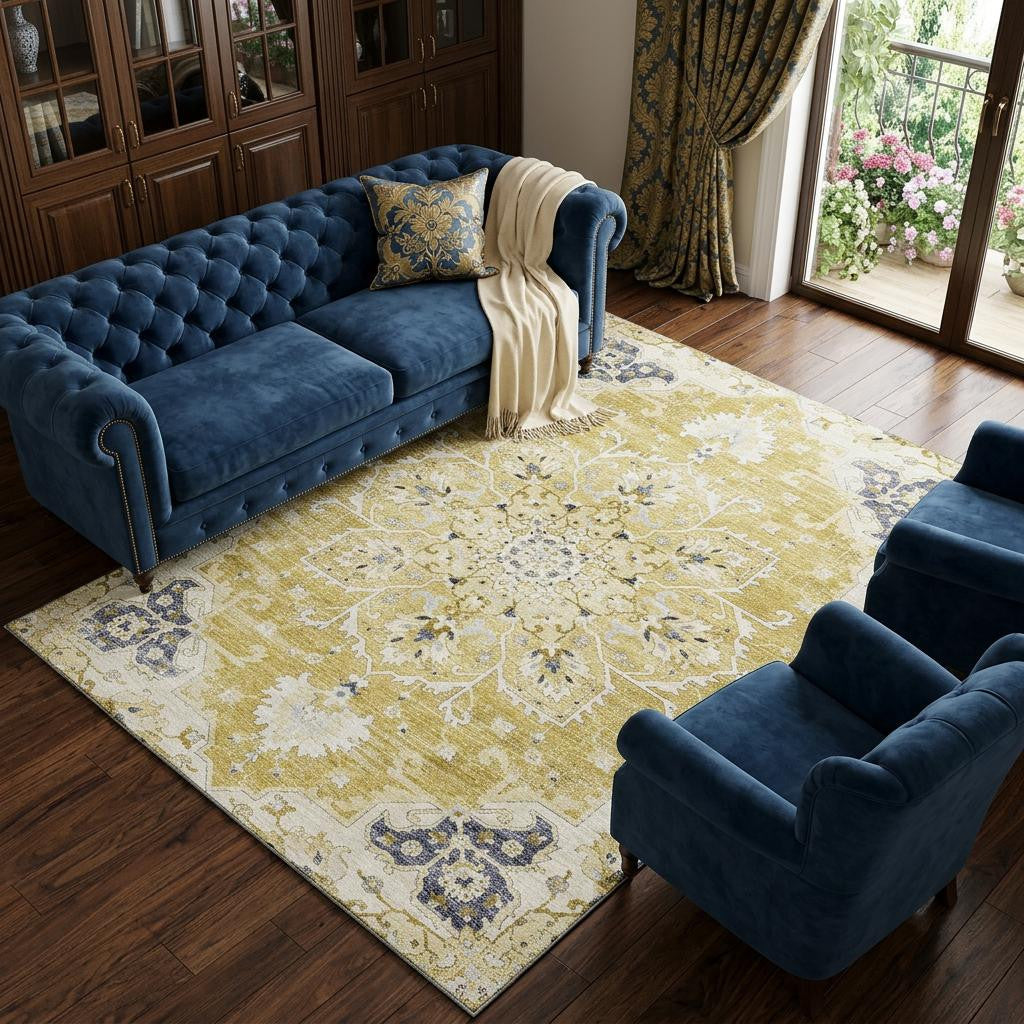 8 X 10 Gold Ivory And Blue Floral Medallion Distressed Washable Area Rug With UV Protection