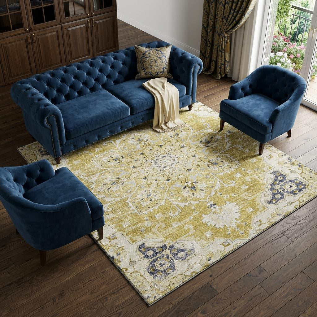 10 X 14 Gold Ivory And Blue Floral Medallion Distressed Washable Area Rug With UV Protection