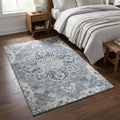 3 X 5 Blue Ivory And Gray Floral Medallion Distressed Washable Area Rug With UV Protection