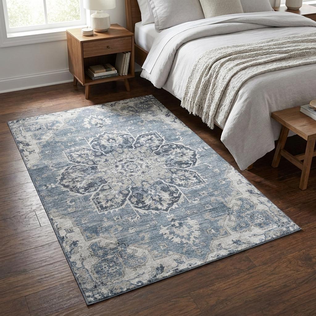 3 X 5 Blue Ivory And Gray Floral Medallion Distressed Washable Area Rug With UV Protection
