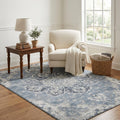 5 X 8 Blue Ivory And Gray Floral Medallion Distressed Washable Area Rug With UV Protection