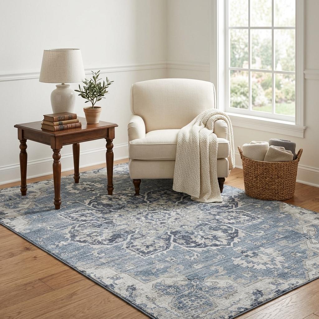 5 X 8 Blue Ivory And Gray Floral Medallion Distressed Washable Area Rug With UV Protection