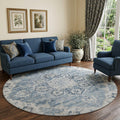 8 Blue Ivory And Gray Floral Medallion Distressed Washable Round Rug With UV Protection