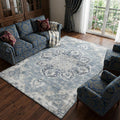 8 X 10 Blue Ivory And Gray Floral Medallion Distressed Washable Area Rug With UV Protection