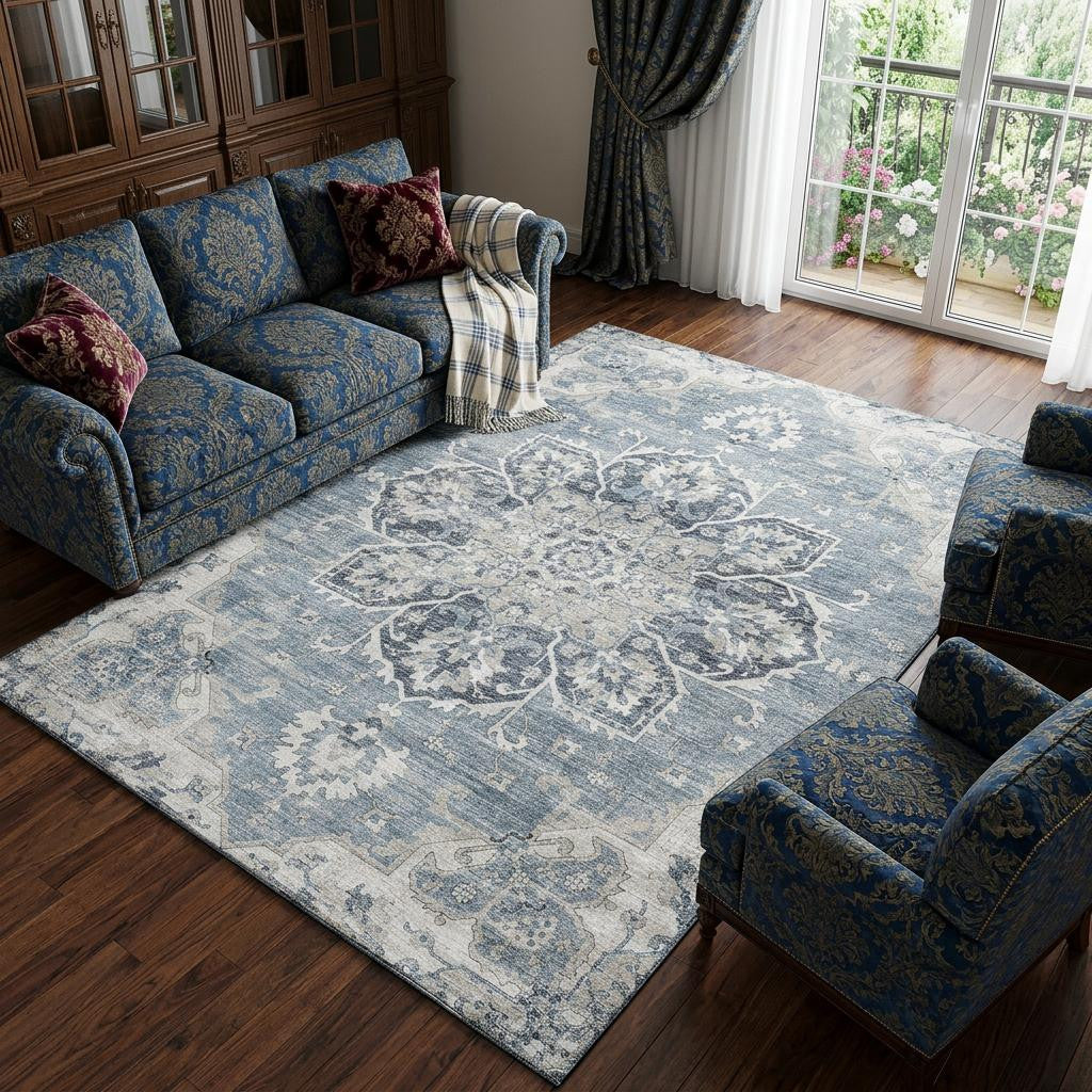 8 X 10 Blue Ivory And Gray Floral Medallion Distressed Washable Area Rug With UV Protection