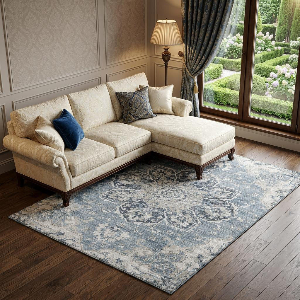 9 X 12 Blue Ivory And Gray Floral Medallion Distressed Washable Area Rug With UV Protection