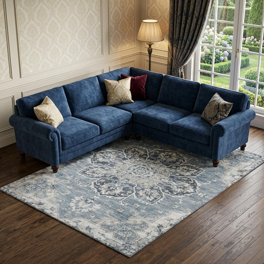 10 X 14 Blue Ivory And Gray Floral Medallion Distressed Washable Area Rug With UV Protection